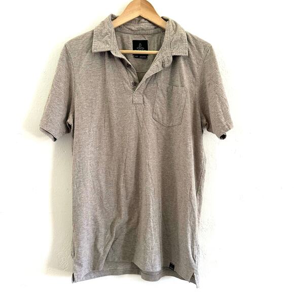 Prana‎ Heather Beige Tan Short Sleeve Polo Shirt Men's Size Medium - Picture 1 of 7
